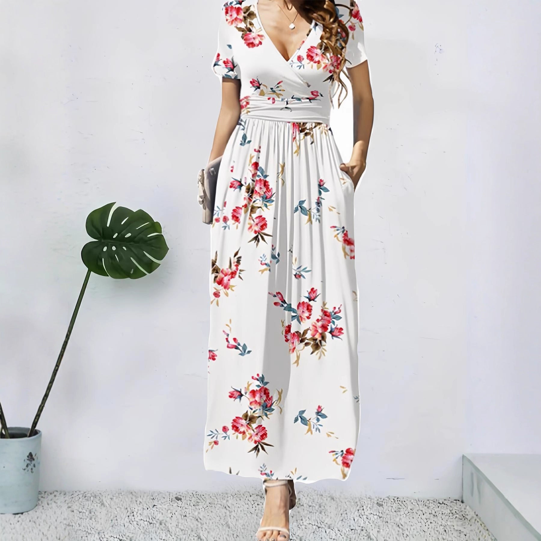 V-neck wrap maxi dress with tie waist
