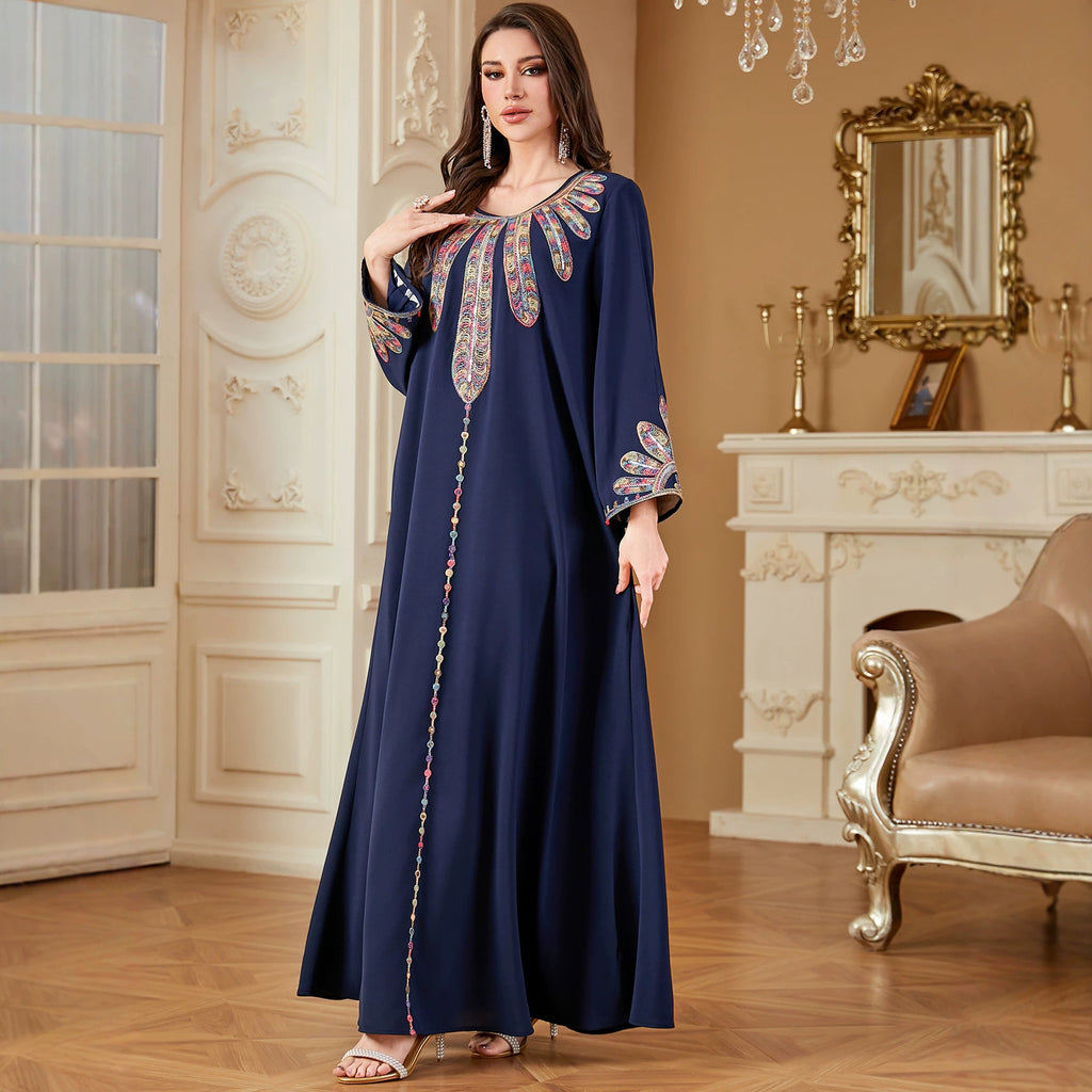 Navy Embroidered A-Line Robe Maxi Dress