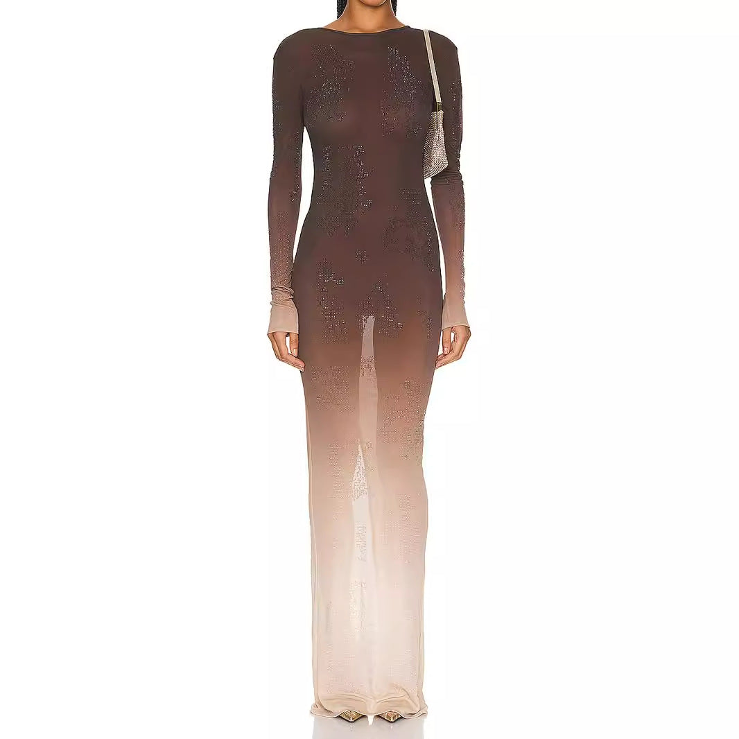 Gradient Rhinestone Long Sleeve Bodycon Gown in Brown Main image