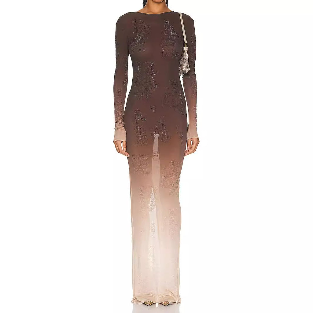 Gradient Rhinestone Long Sleeve Bodycon Gown in Brown