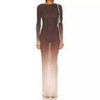 Gradient Rhinestone Long Sleeve Bodycon Gown in Brown