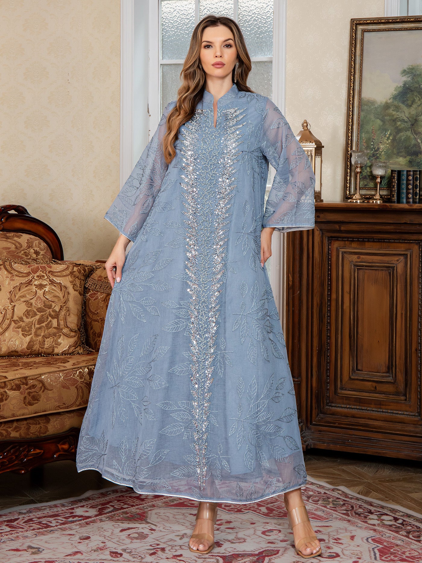 Beaded Embroidered Chiffon Maxi Dress