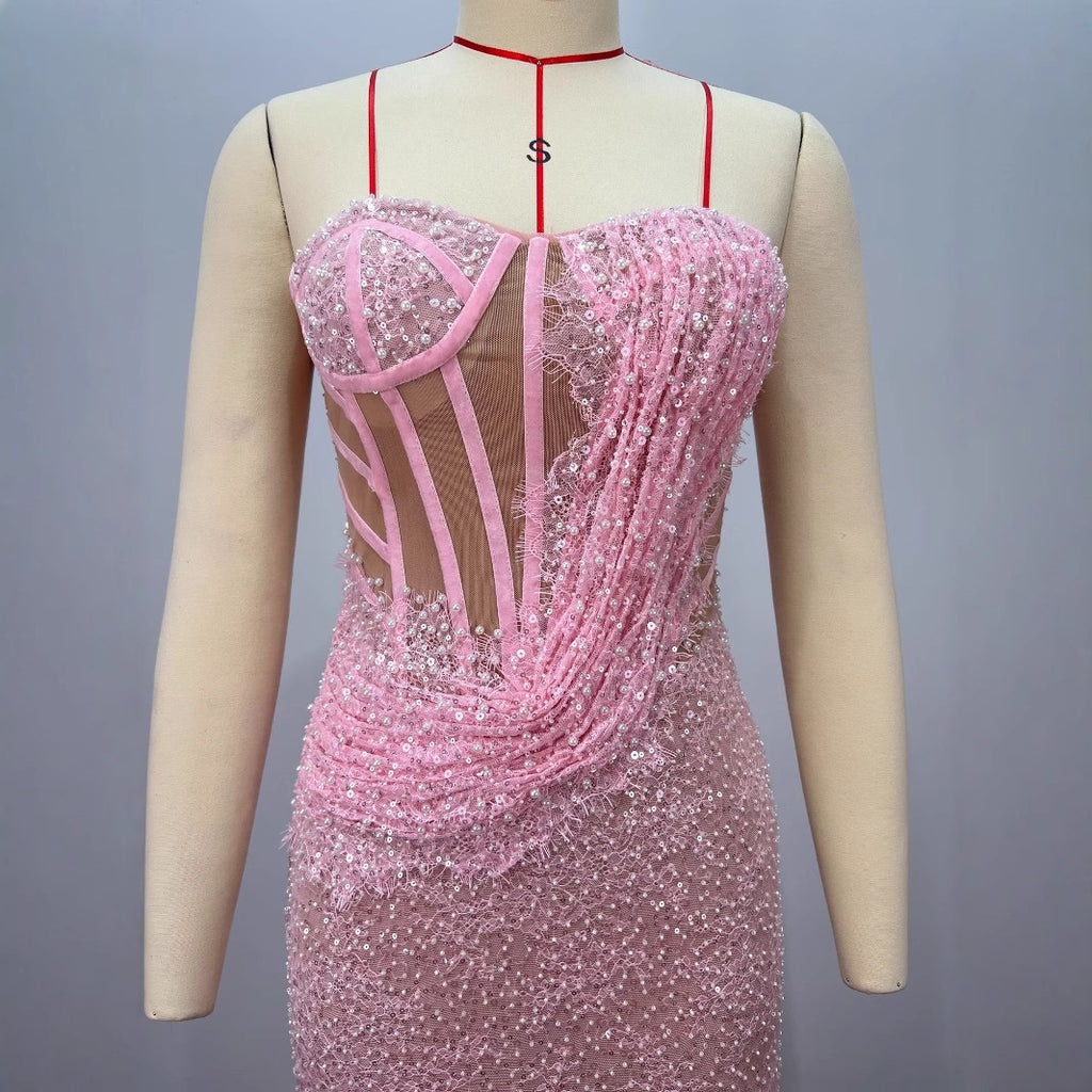 Boned Beaded One-Shoulder Sequin Gown for Women