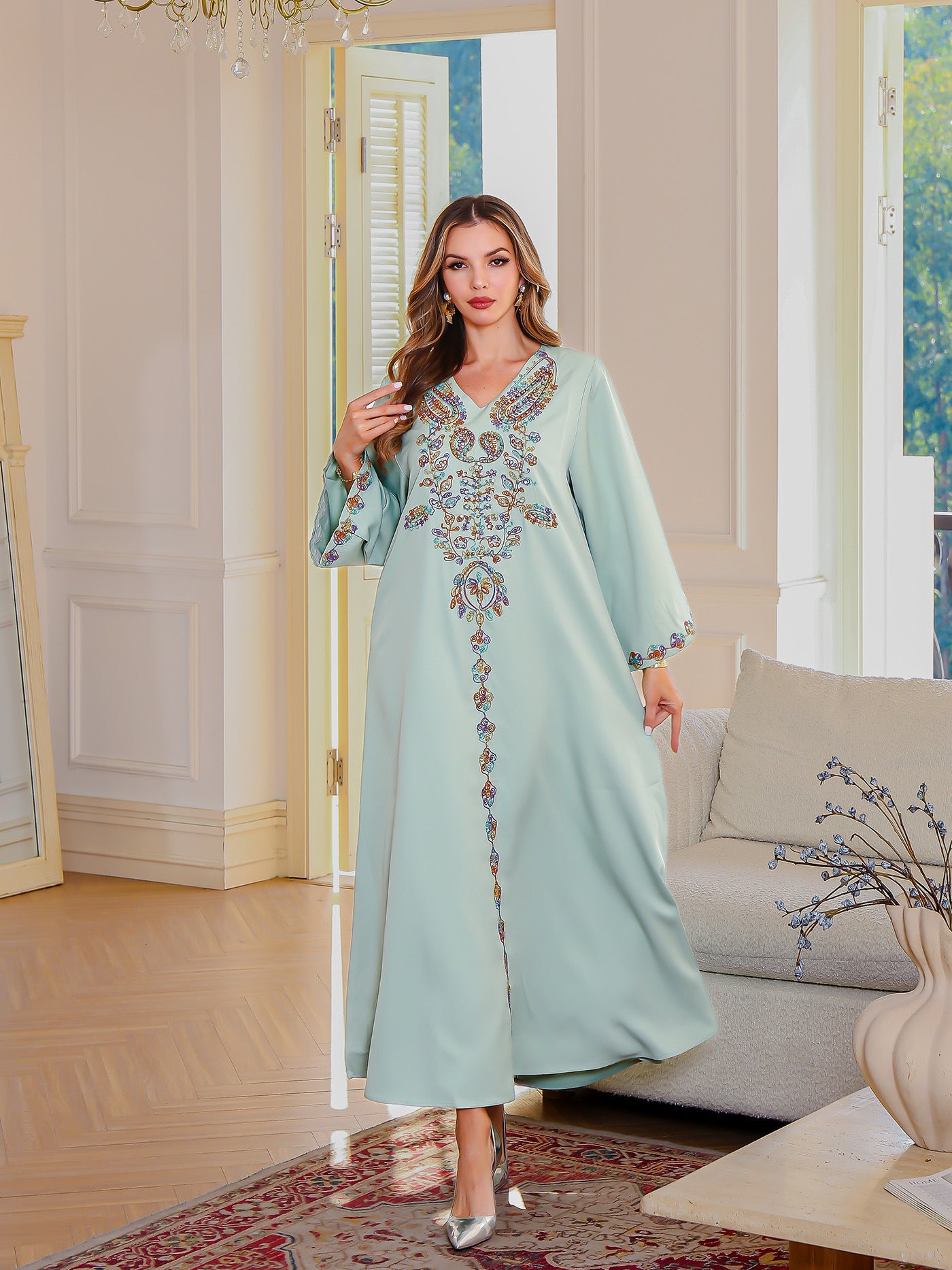 V-Neck Embroidered Robe Maxi Dress