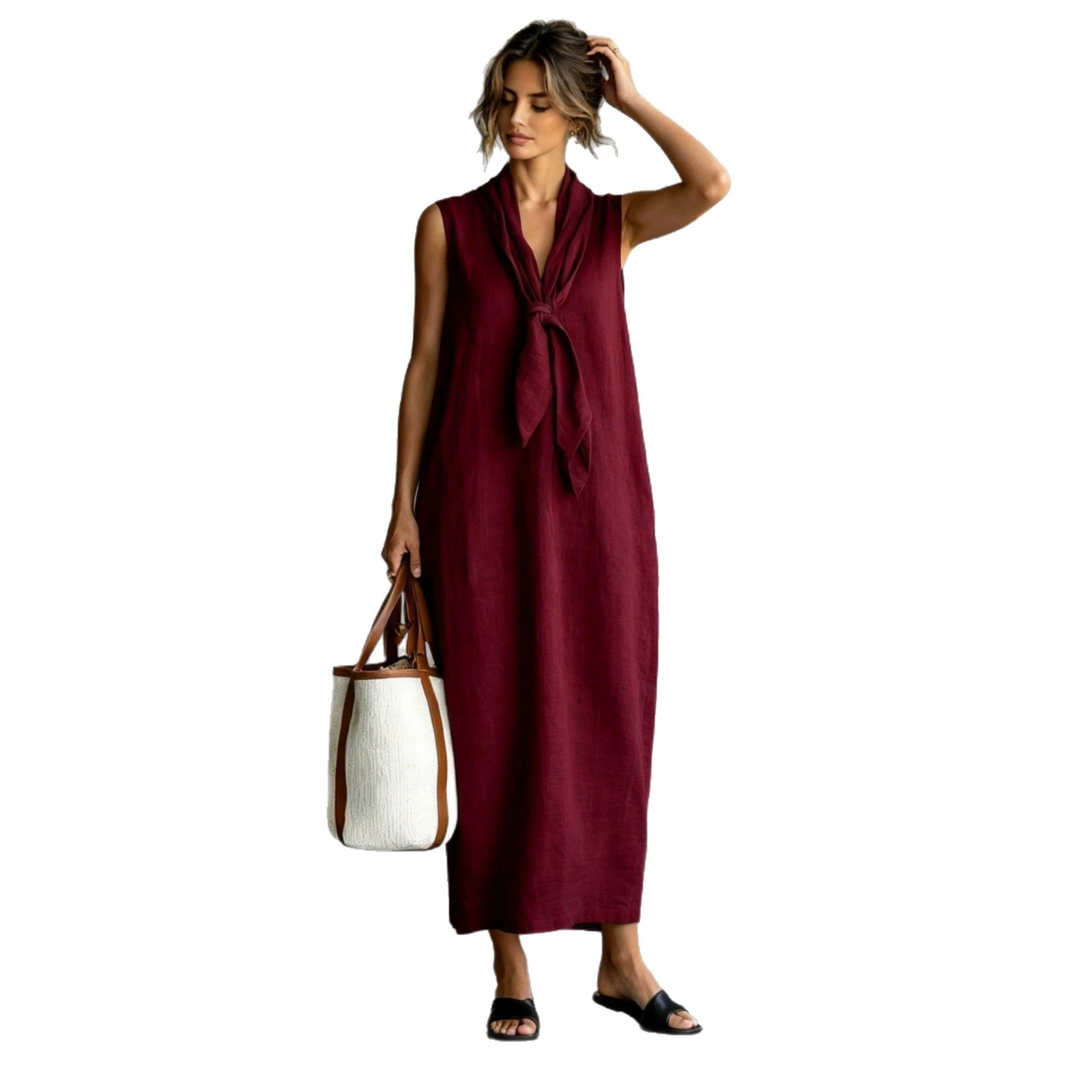 Sleeveless V-Neck Maxi Dress, Tie Waist