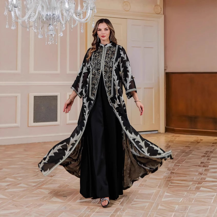 Embroidered Mesh Stand-Collar Maxi Dress