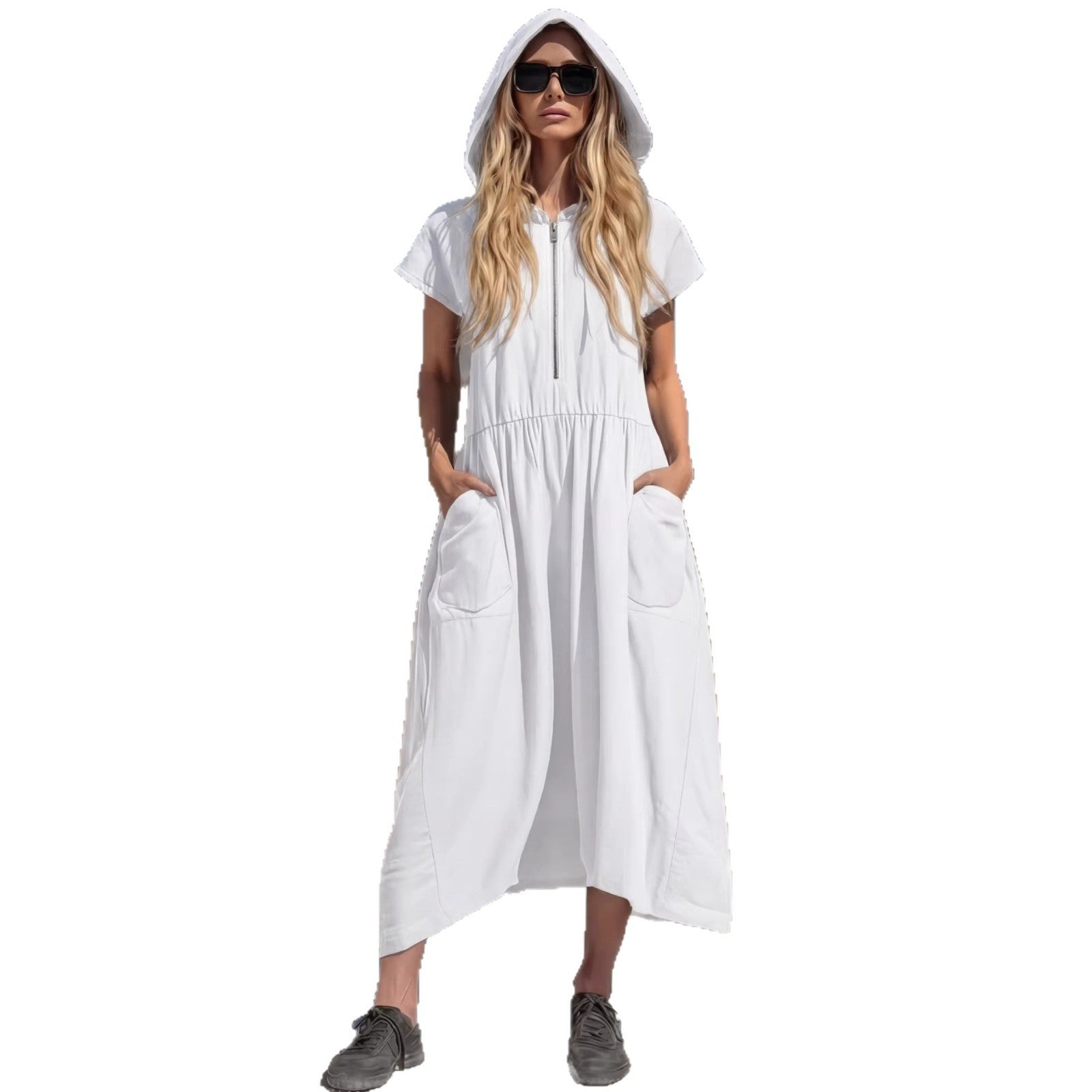 Vintage Cotton-Linen Hooded Half-Zip Midi Dress for Women