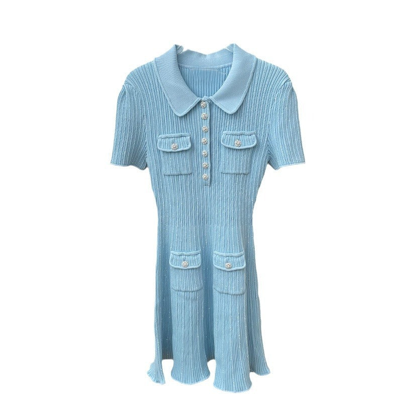 Knitted Diamond-Button Flip Collar Short Sleeve Dress for Women Secondary image