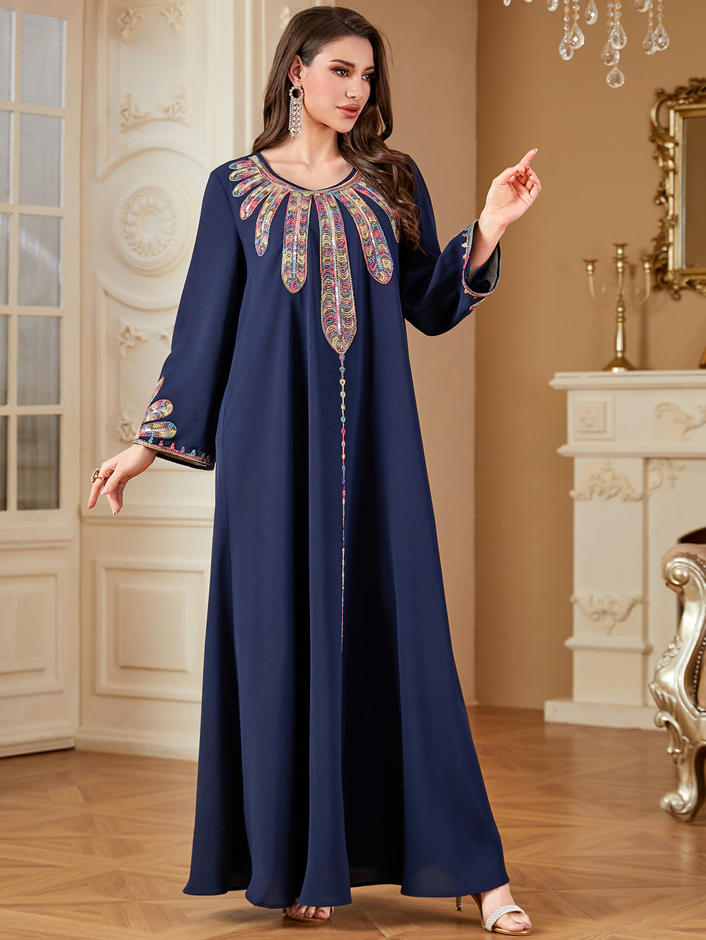 Navy Embroidered A-Line Maxi Dress