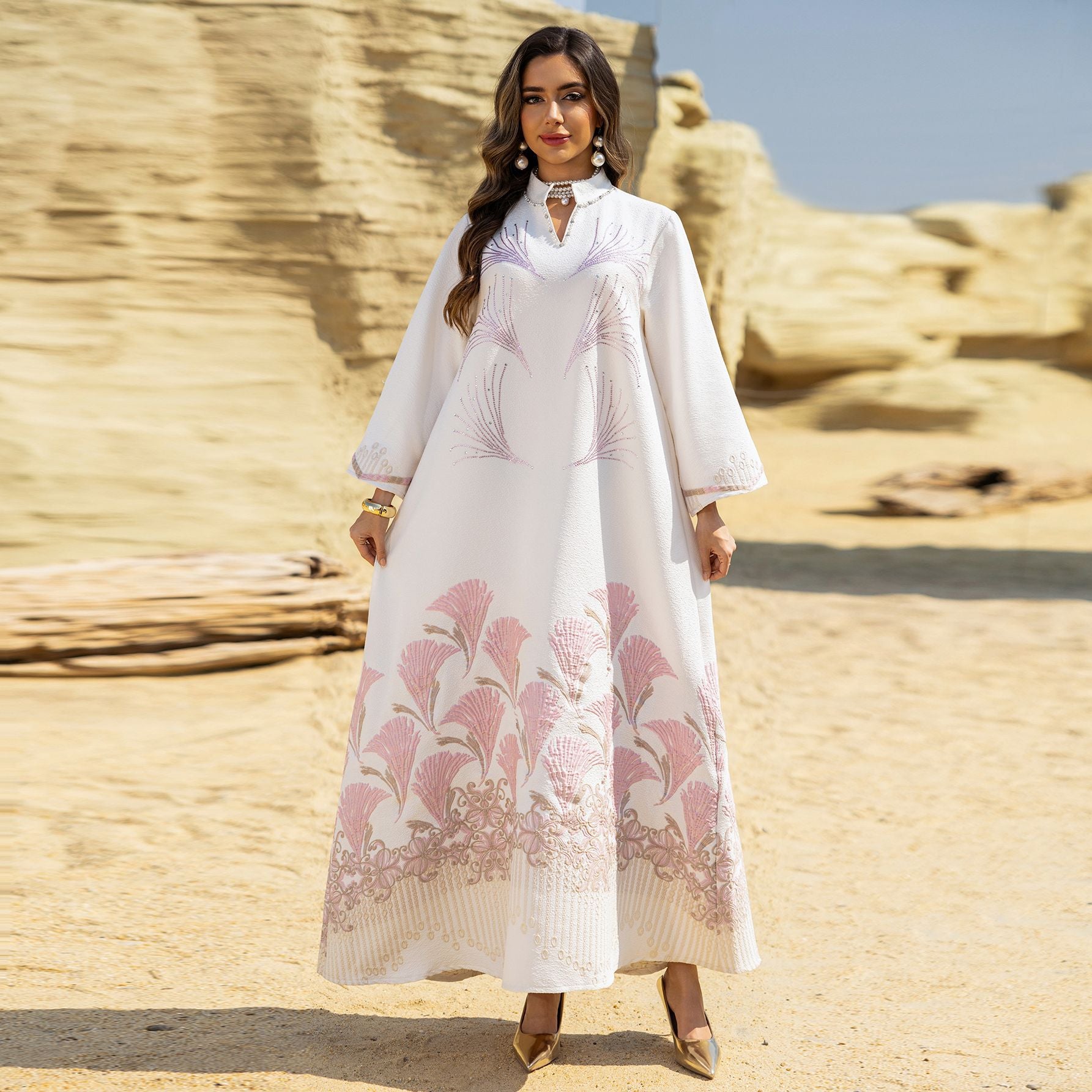 Embroidered Rhinestone Knit Maxi Dress