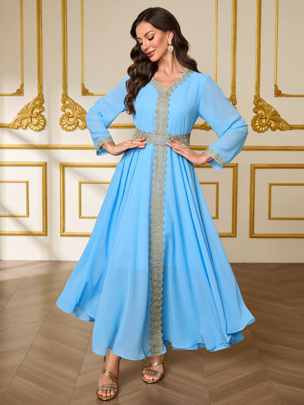 Lace Belted Chiffon Maxi Dress