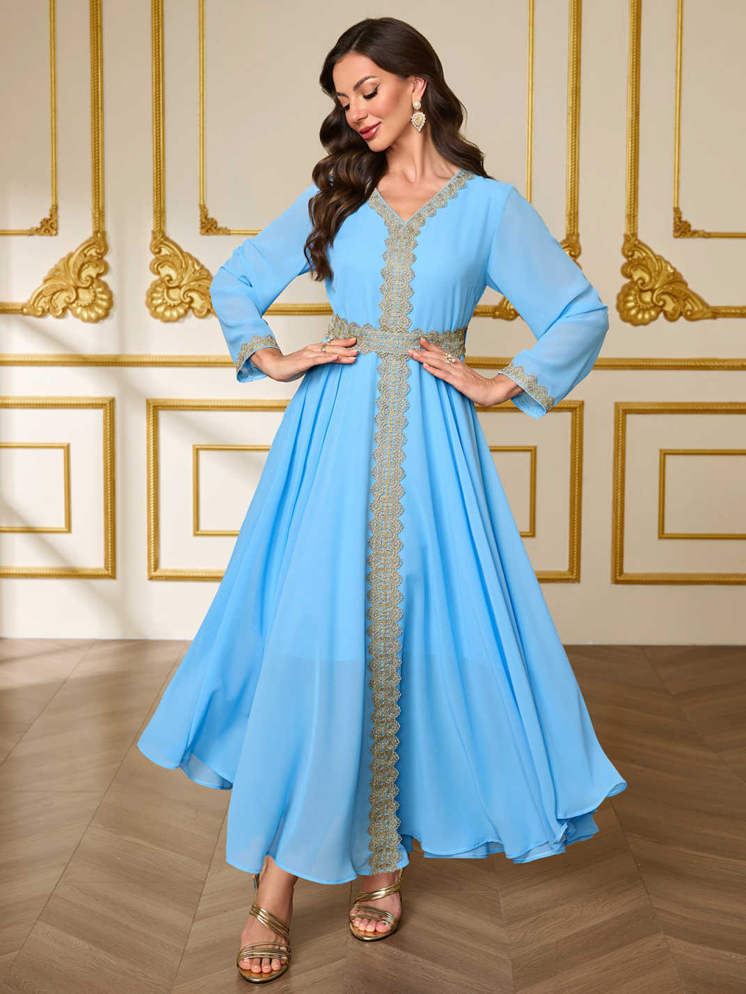 Lace Belted Chiffon Maxi Dress