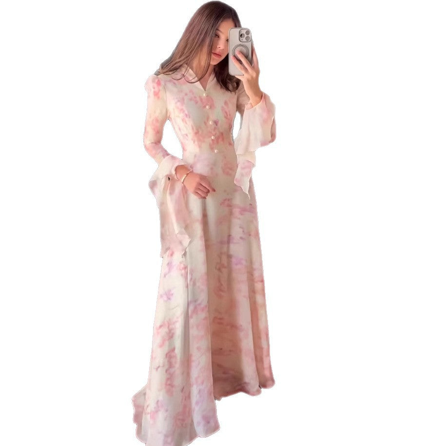 Printed Flared-Sleeve Midi Dress for women with long sleeves Main image
