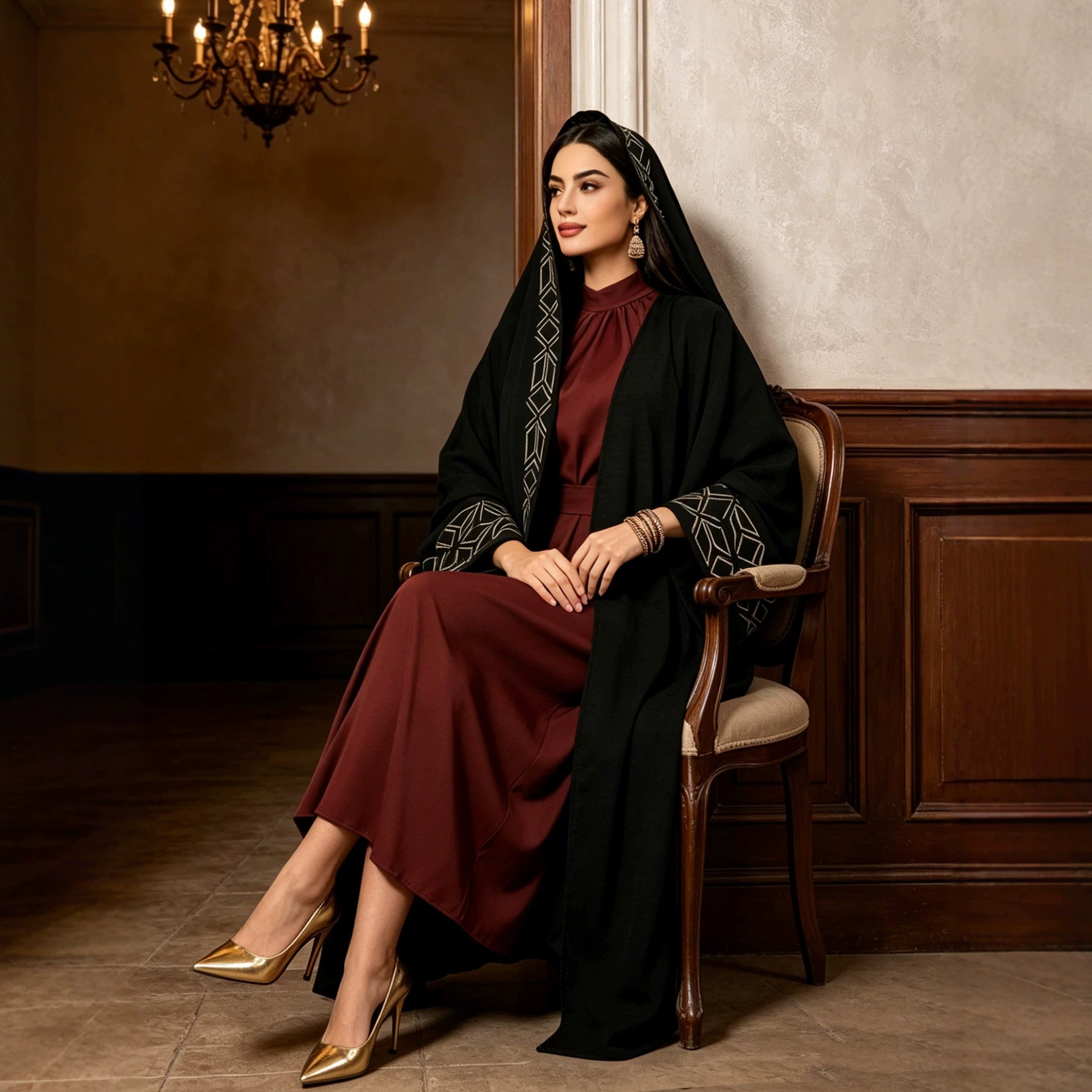 Black Embroidered Robe Dress with Headscarf Main image
