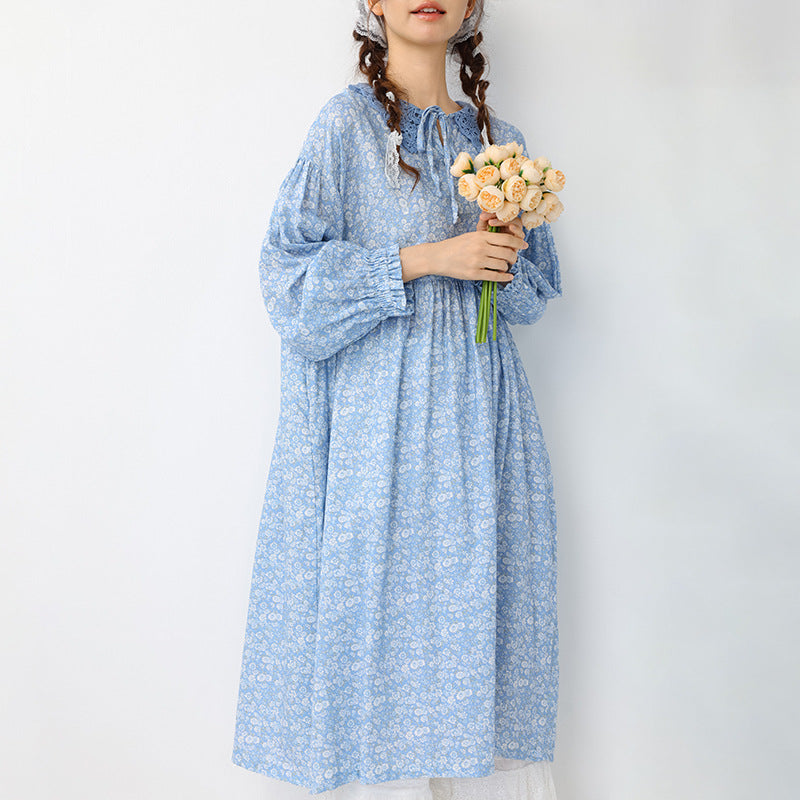 Floral Lace-Up Peter Pan Collar Maxi Dress for Women, Long Sleeve