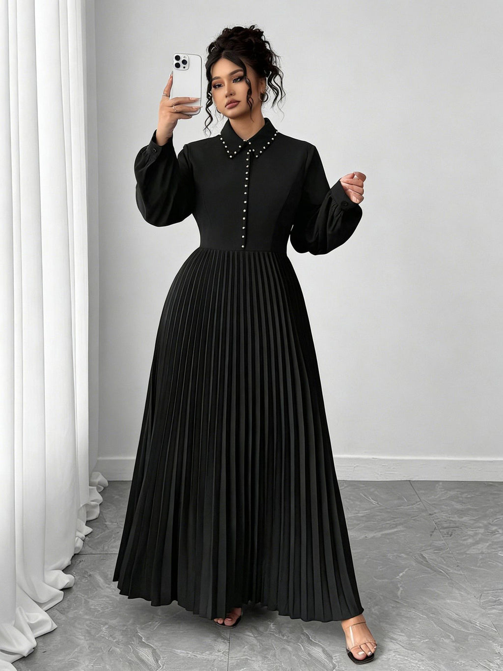 Plus-Size Black Pleated Maxi Dress
