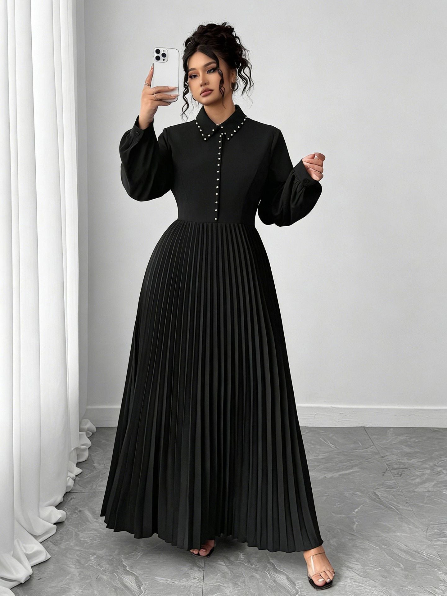 Plus-Size Black Pleated Maxi Dress