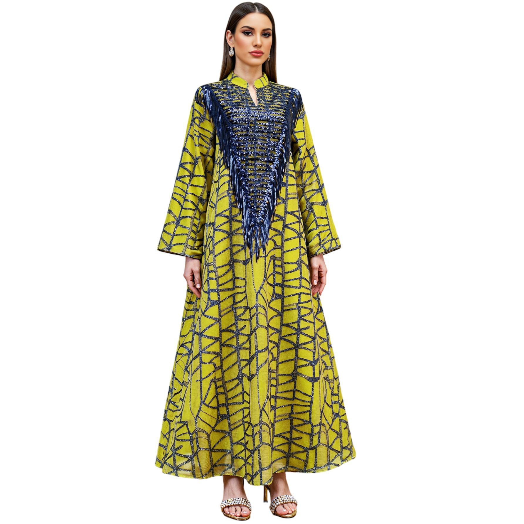 Yellow Sequin Tassel Maxi Dress