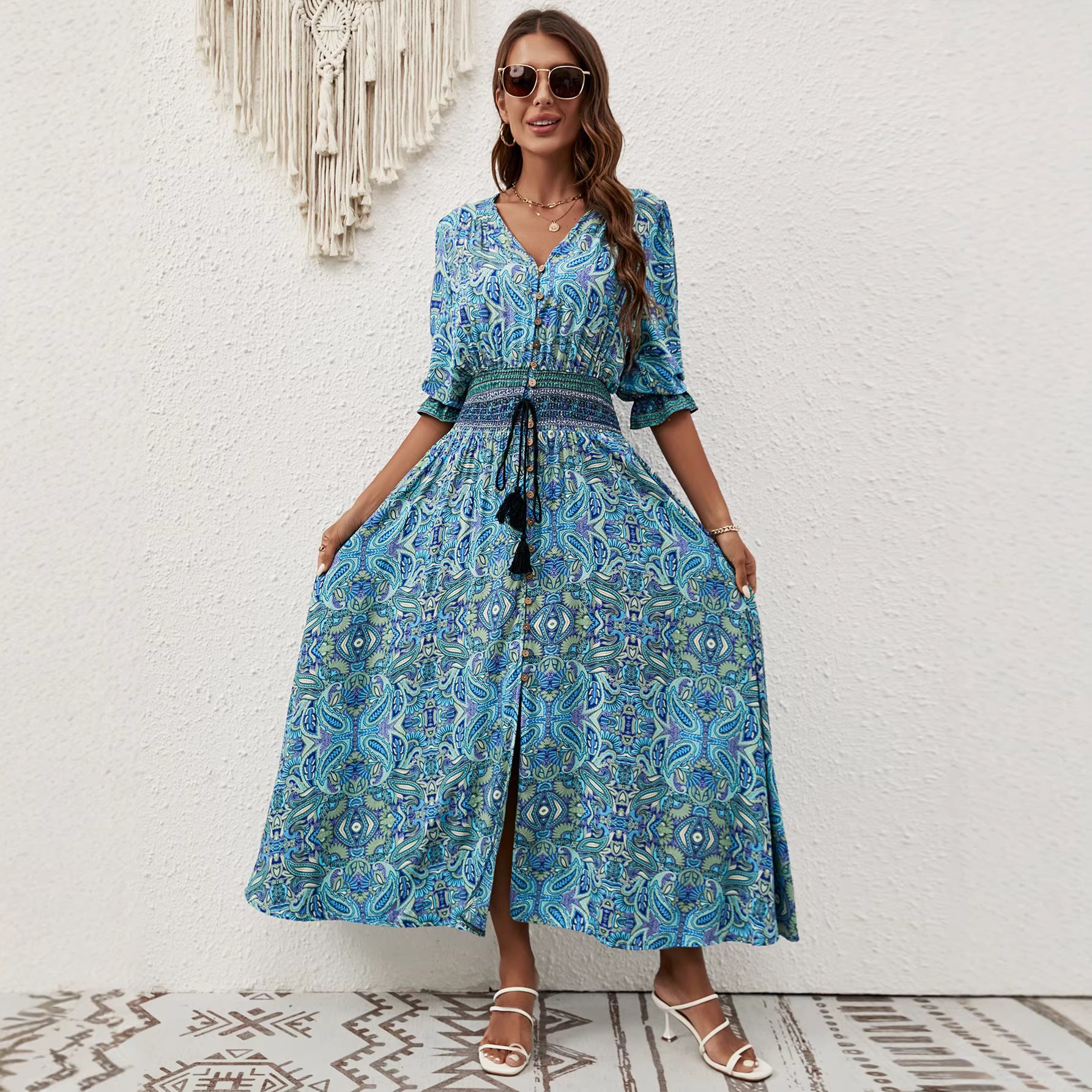 Printed V-Neck A-Line Maxi Dress Secondary image