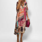 Leopard Print V-Neck A-Line Maxi Dress for Women, Three-Quarter Sleeve