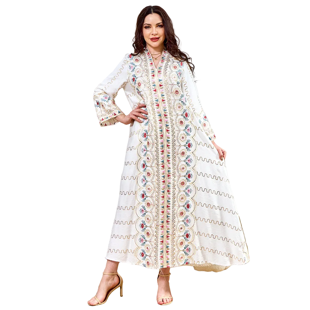 White & Green V-Neck Long-Sleeve Maxi Dress for women with V neck and long sleeves