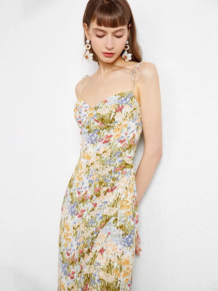High-Waist Slit Sling Midi Dress for Women, Holiday Style