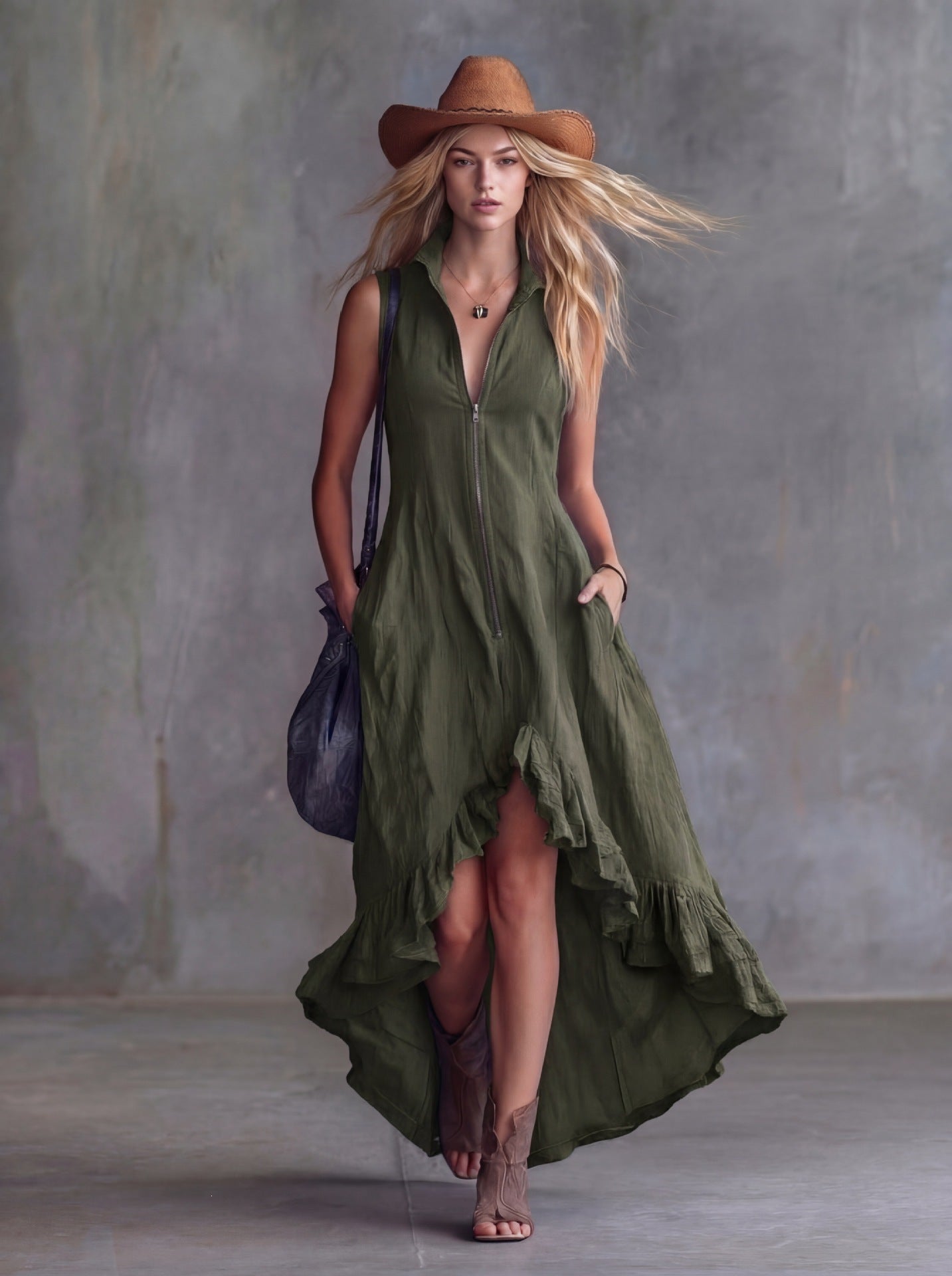 Zip-Front A-Line Maxi Dress, Ruffle Hem