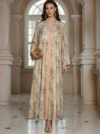 V-Neck Loose Long-Sleeve Maxi Dress, Blue, Apricot & Gray