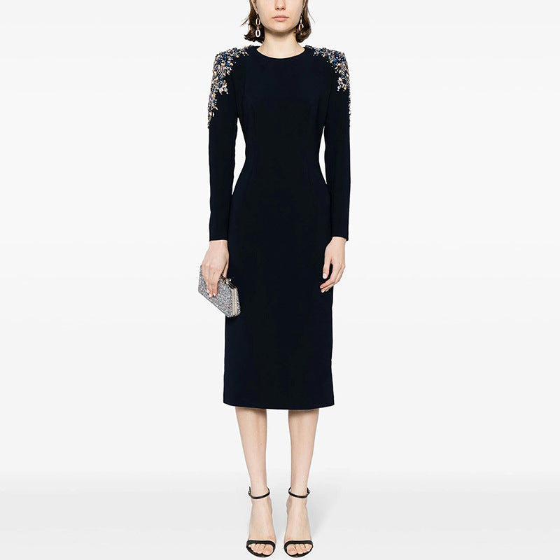 Studded Diamond Long Sleeve Midi Dress for Women, Evening