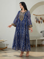 Blue V-Neck Long-Sleeve Maxi Dress