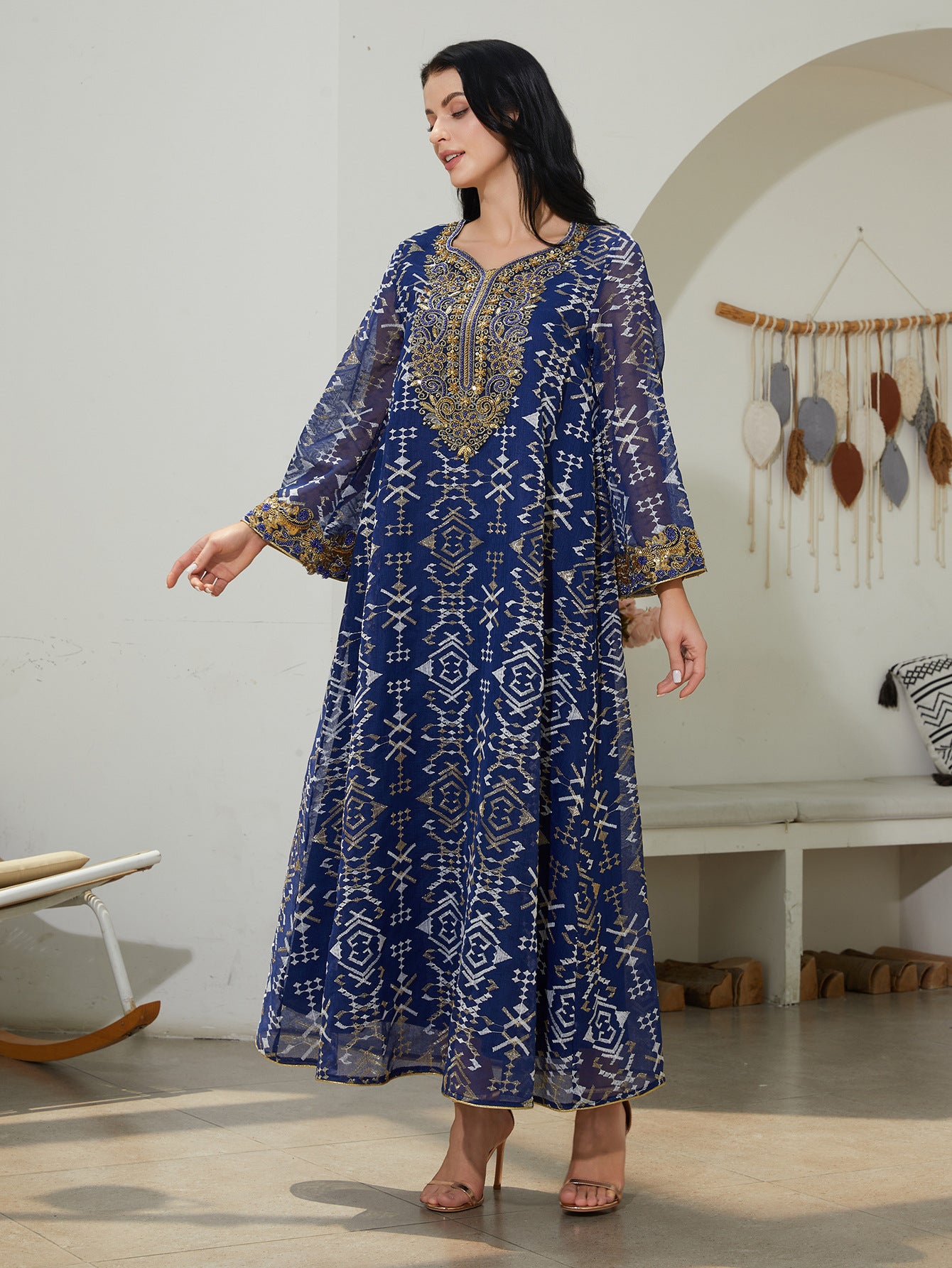 Blue V-Neck Long-Sleeve Maxi Dress