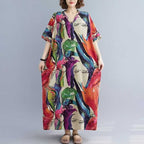 Lightweight V-Neck Short-Sleeve Full-Skirt Beach Dress for Women