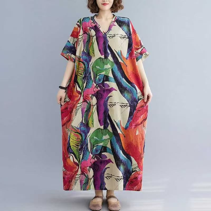 Lightweight V-Neck Short-Sleeve Full-Skirt Beach Dress for Women