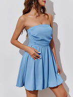 Ruched tube mini dress in light blue, strapless bodycon summer dress by Vilmere