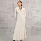 Ivory Ribbed-Knit Fishtail Maxi Dress for Women, Long Sleeve