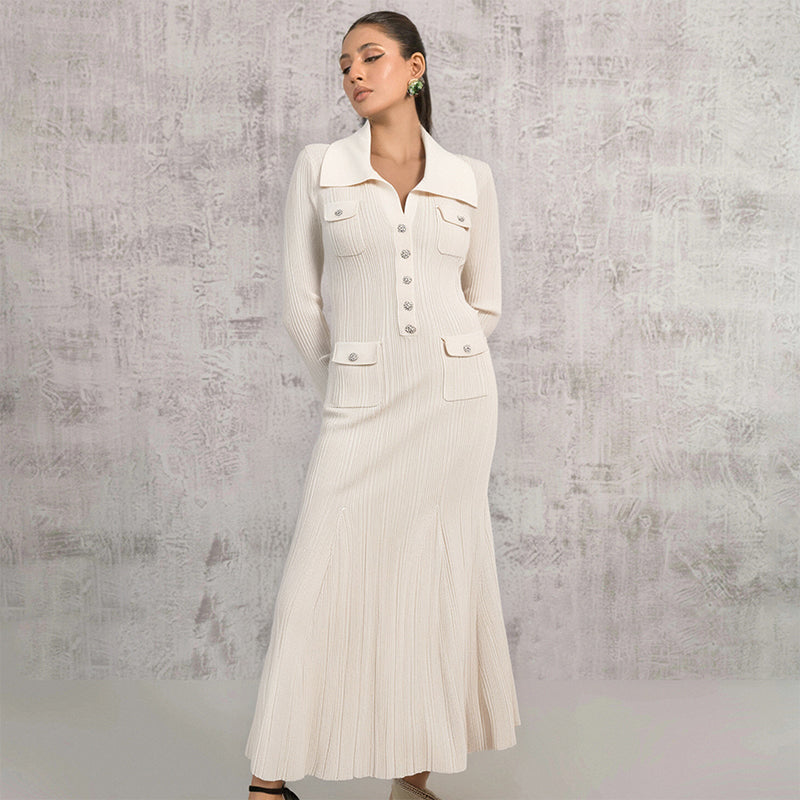 Ivory Ribbed-Knit Fishtail Maxi Dress for Women, Long Sleeve