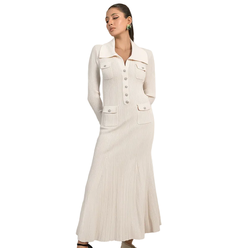 Ivory Ribbed-Knit Maxi Dress for women with long sleeves Main image