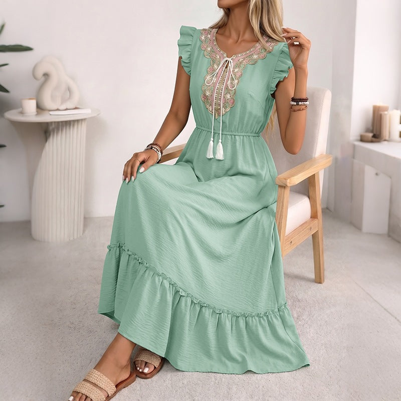 Tassel Tie-Waist Flutter-Sleeve A-Line Maxi Dress for Women