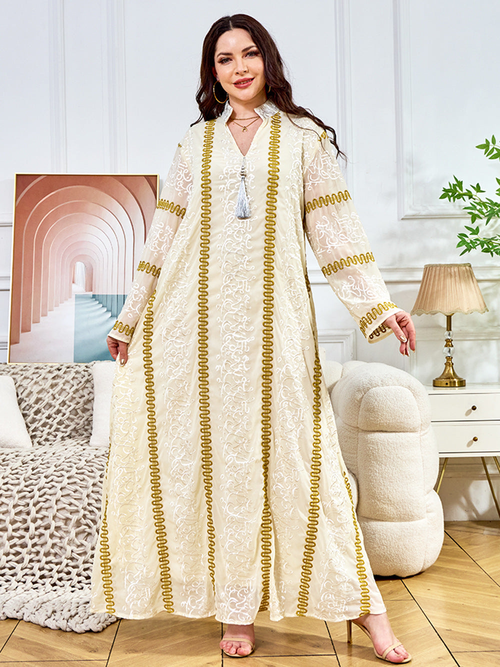 Embroidered Tassel Long-Sleeve Maxi Dress