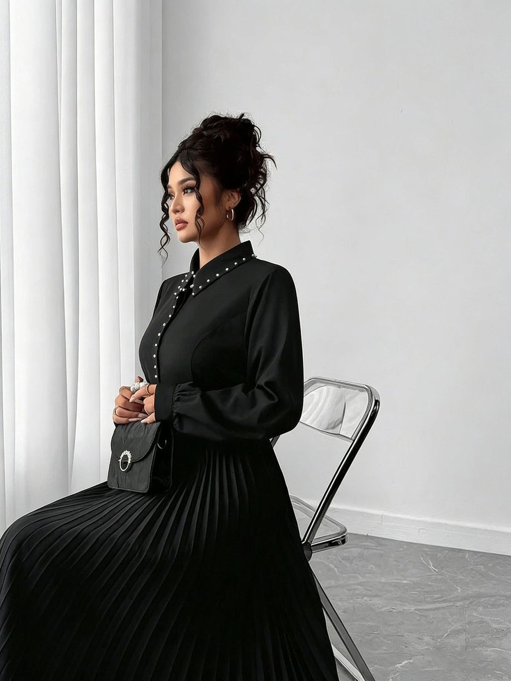Plus-Size Black Pleated Maxi Dress