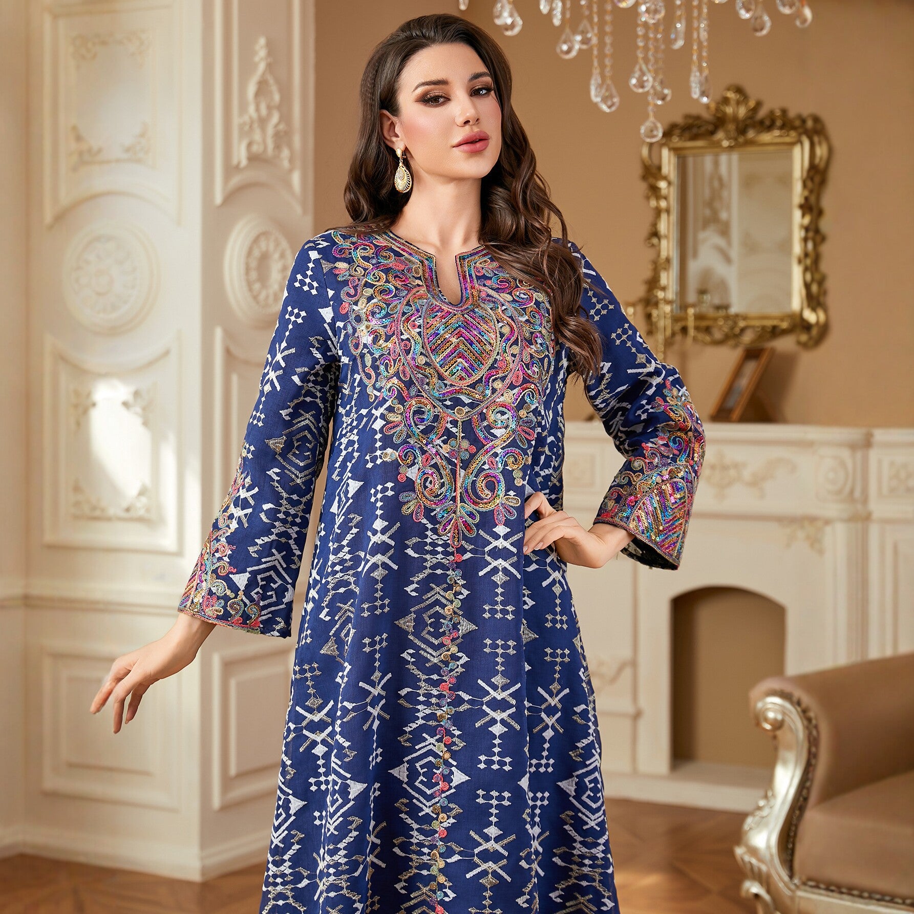 Royal Blue Rope-Embroidered Maxi Dress