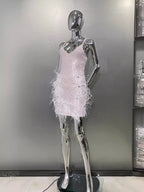 Sequin Diamond Feather Hem Suspender Gown in Ivory