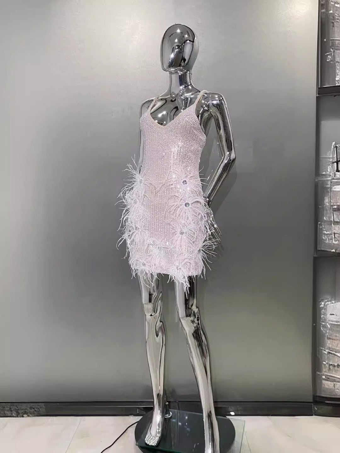 Sequin Diamond Feather Hem Suspender Gown in Ivory