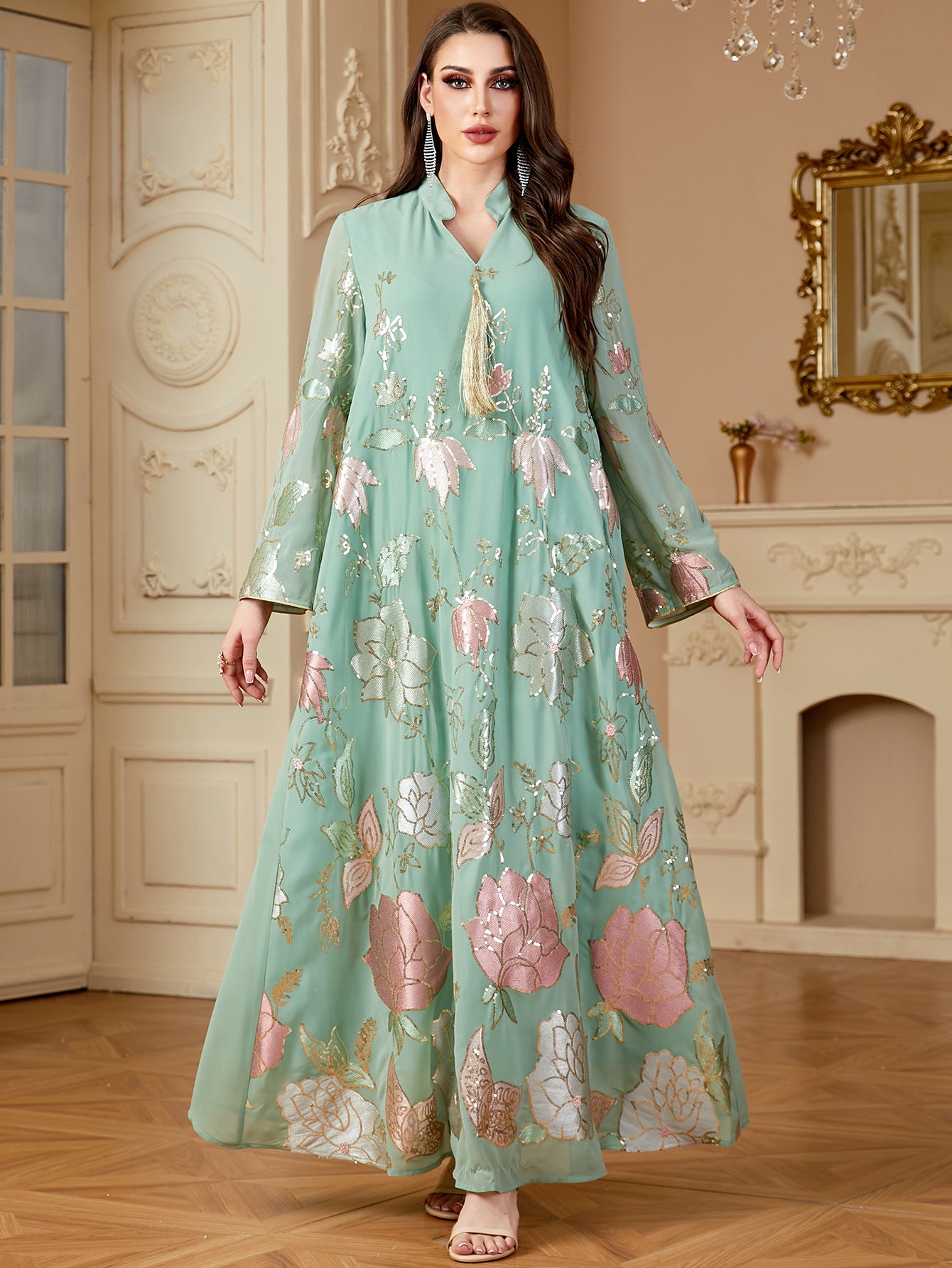 Sequin Embroidered Tassel Robe Maxi Dress