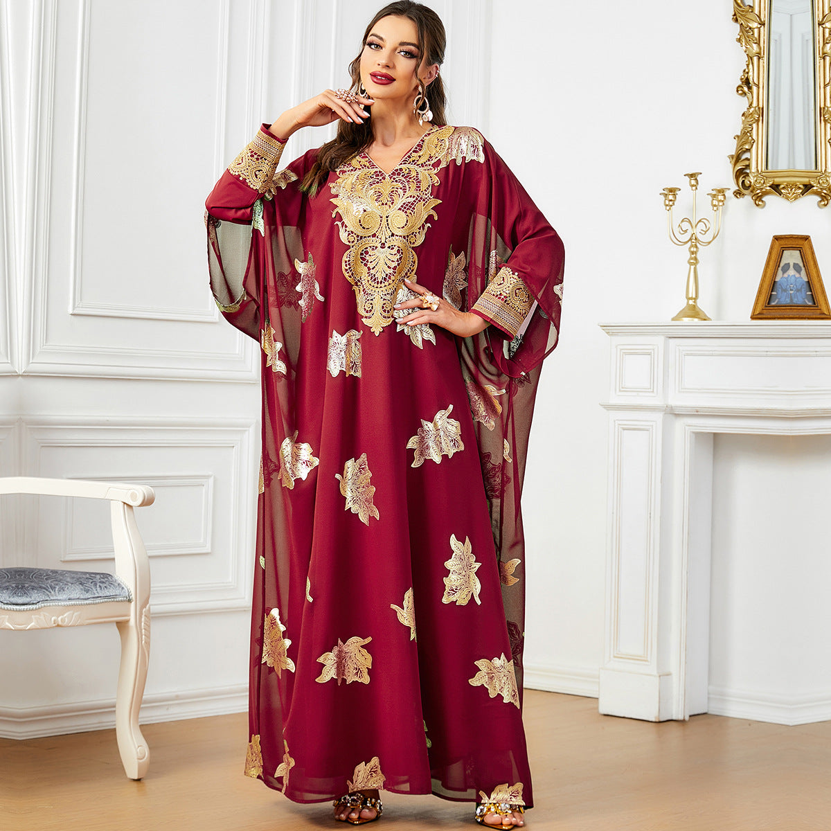 Red Chiffon Two-Piece V-Neck Maxi Dress