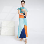 Contrast Color Pleated Two-Piece Skirt Set for Women