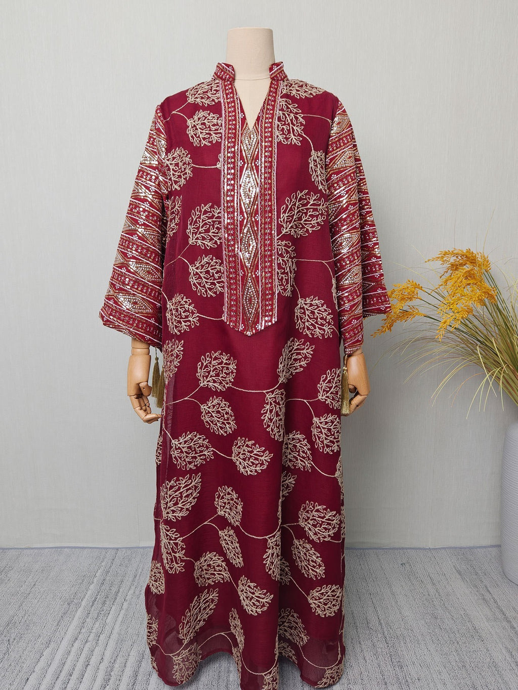 Embroidered Mesh Maxi Dress, Slit Sleeve