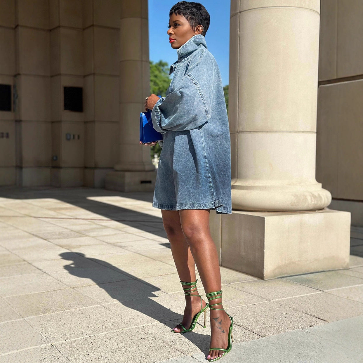 Turn-Down Collar Denim Dress, Long Sleeve Hauptbild