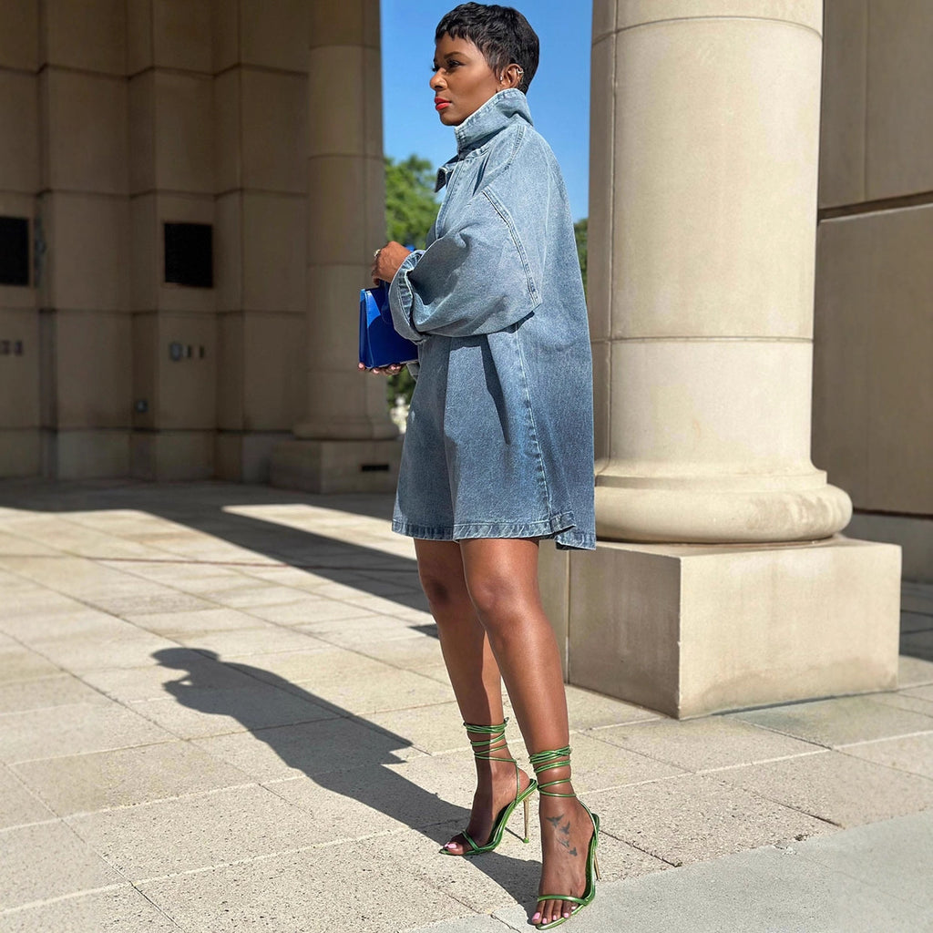 Turn-Down Collar Denim Dress, Long Sleeve
