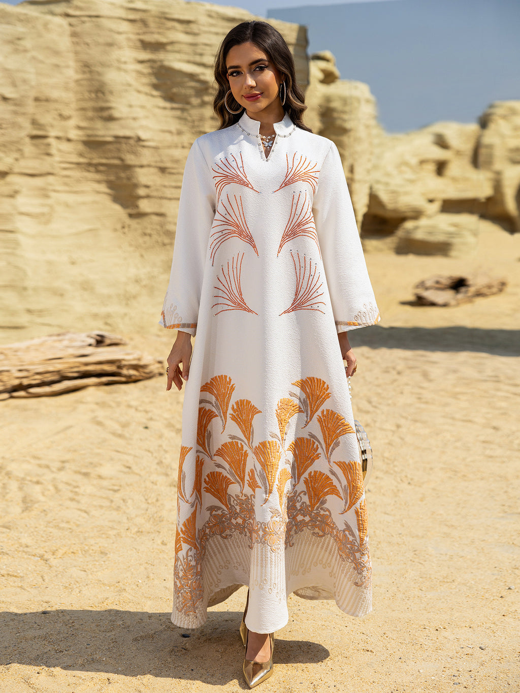 Embroidered Rhinestone Knit Maxi Dress